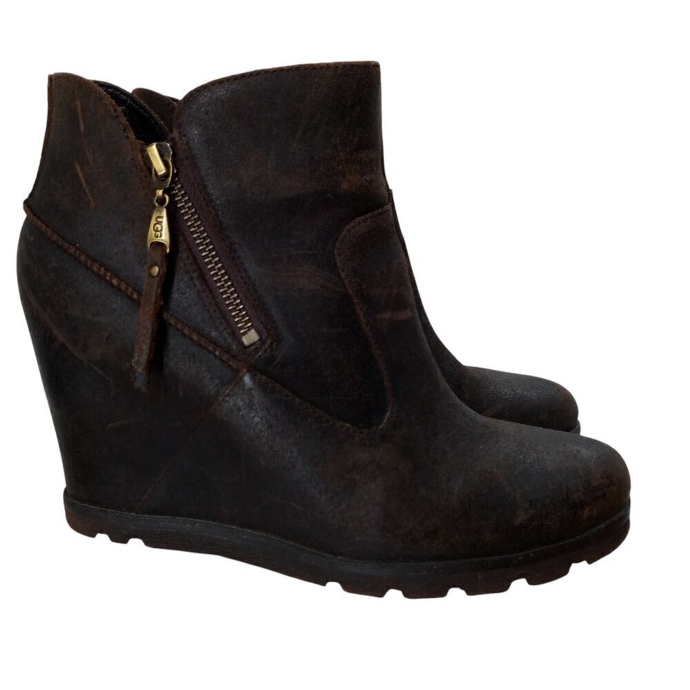 Ugg Myrna Wedge Brown Leather Ankle Boots Booties Size 10 Distressed Moto Zipper